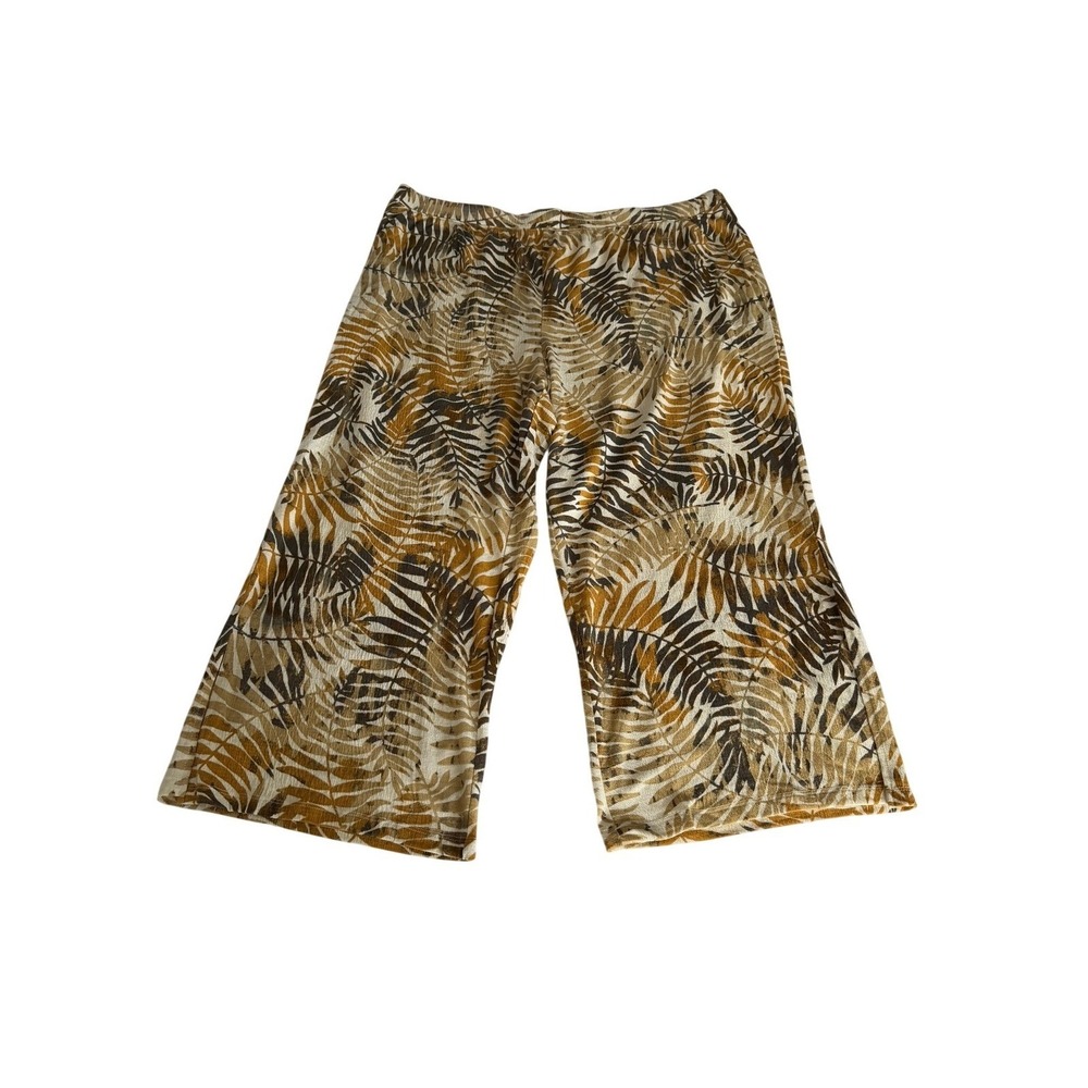 Denim & Co Beach Tropical Palm Print Wide Leg‎ Crop Pants Plus 2X Mustard Brown